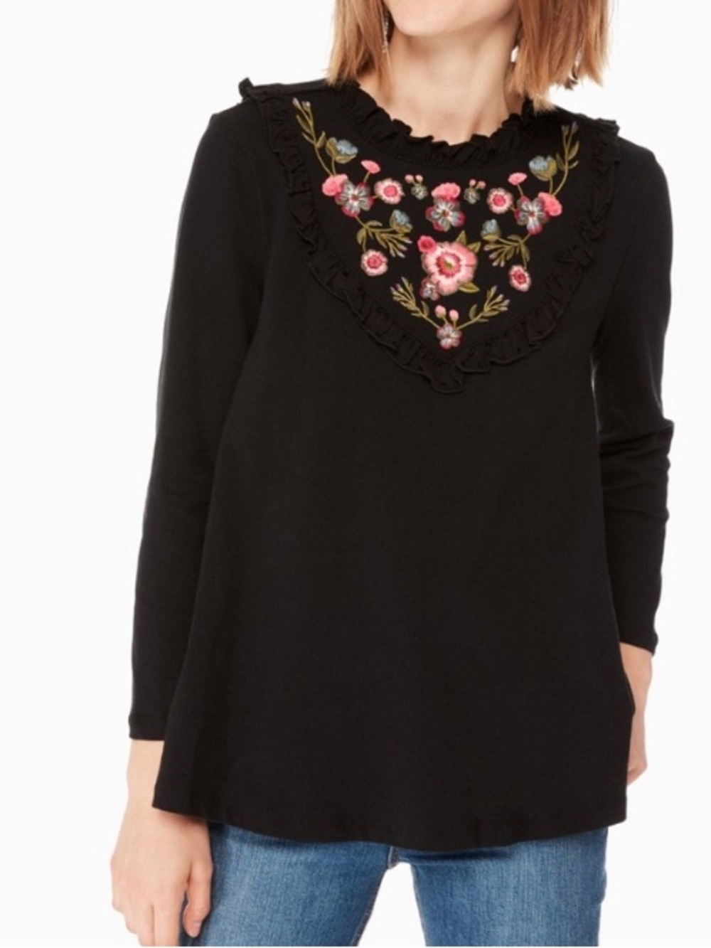 Kate Spade Embroidered Mix Media Top Pink Floral Ruffle Yolk Long Sleeve Shirt